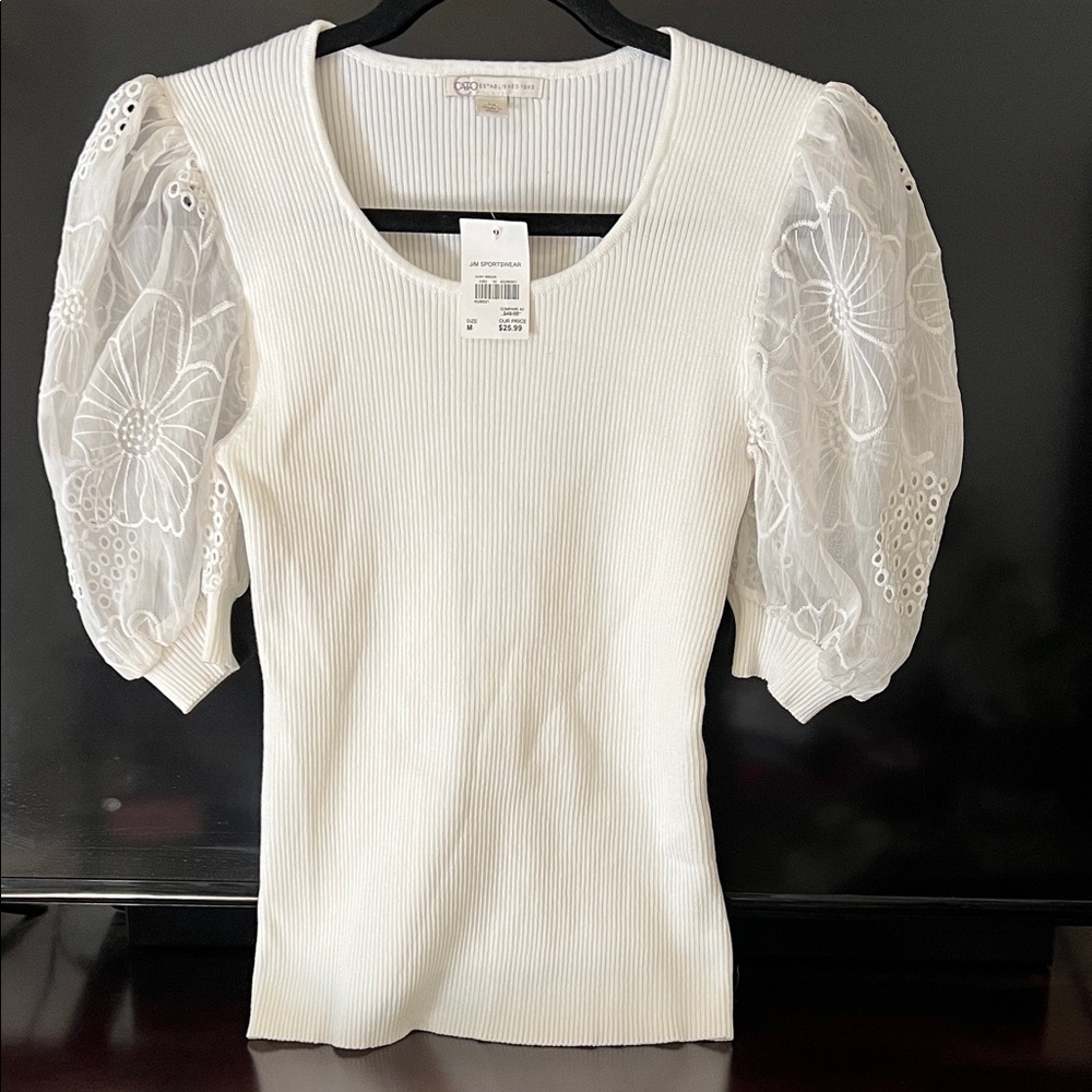 Cato White Blouse with Embroidered Puff Sleeves